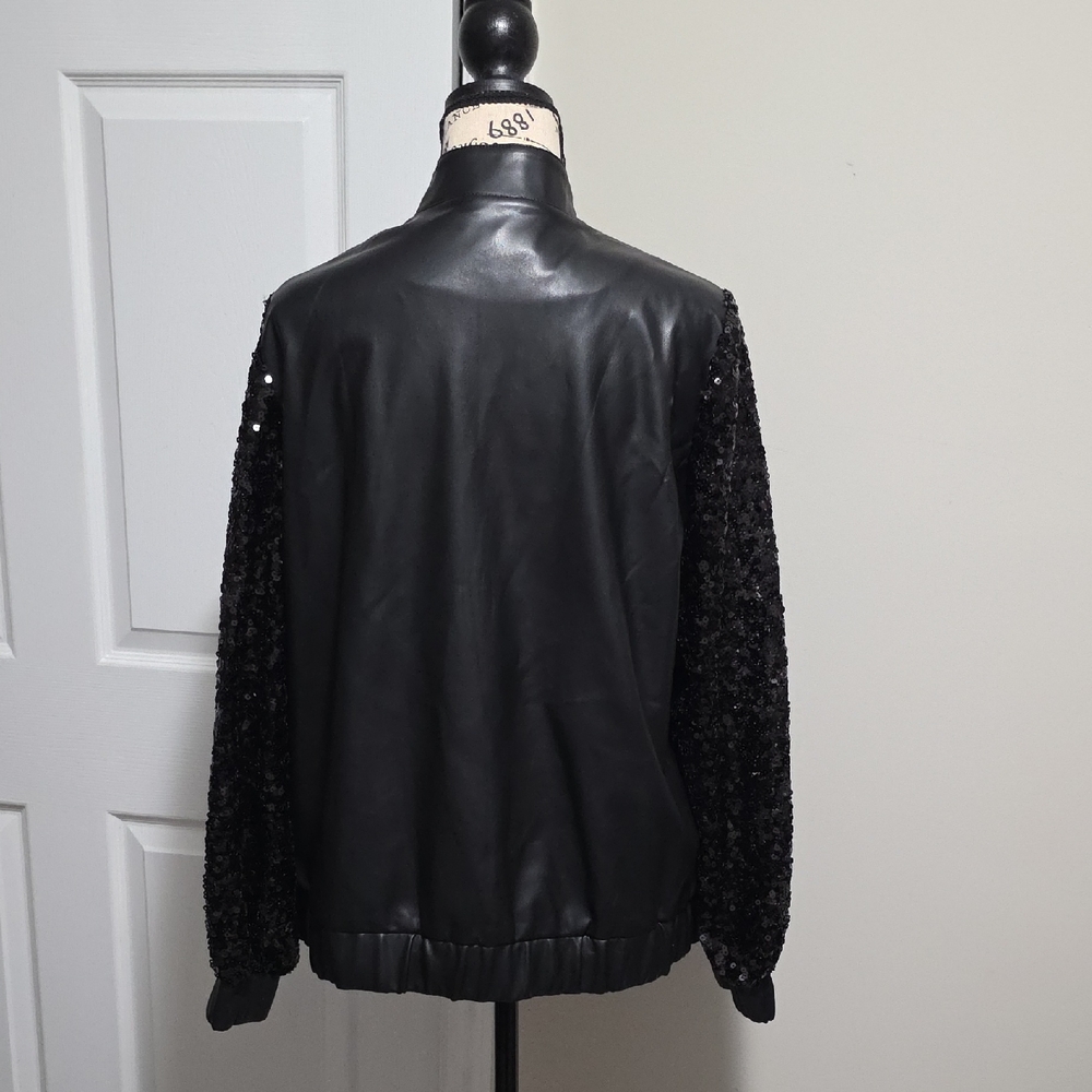 Colleen Lopez Sequin Sleeve Faux Leather Bomber Jacket Coat Small Black - Picture 9 of 9